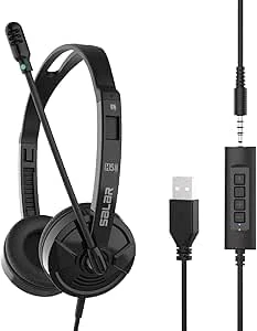 Headset with Microphone for Laptop,3.5mm USB Headsets with Noise Cancelling Mic & Audio Controls Wired Stereo Computer Headphone Adjustable Headband PC headphones for Skype,Call Center,Teaching,Office