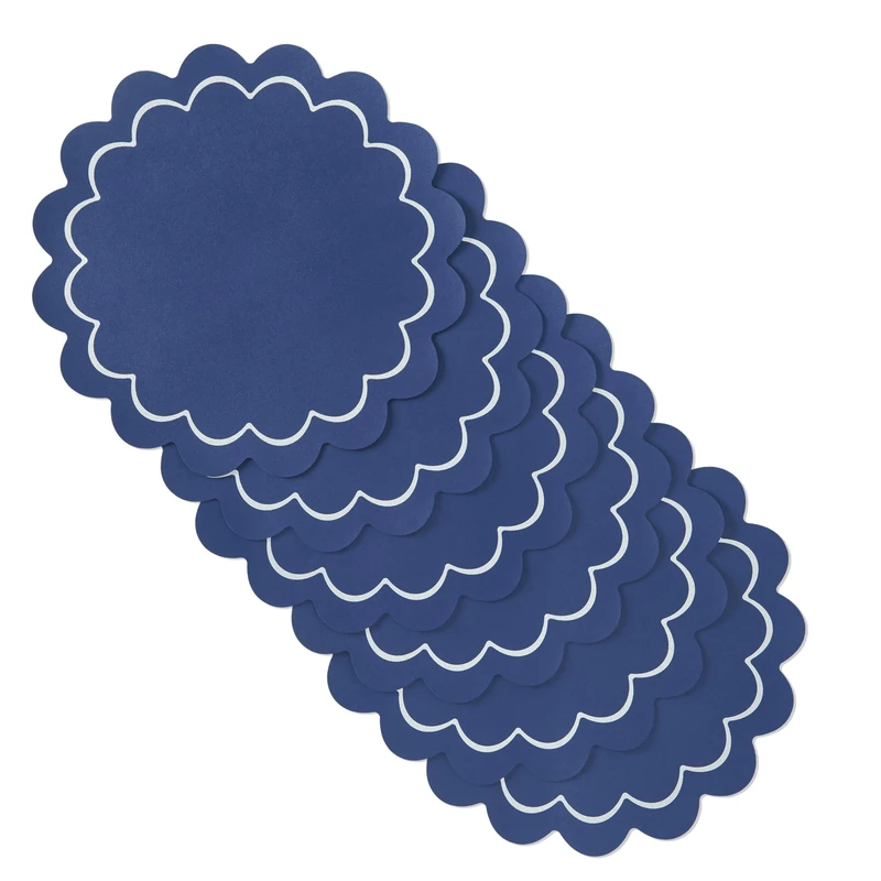 kate spade new york Scallop Edge Round Reversible Placemats 6-Pack Set, Imitation Leather with Metallic Print, Water Resistant, Easy Wipe Clean, Navy/Silver, 15" Round - Image 1