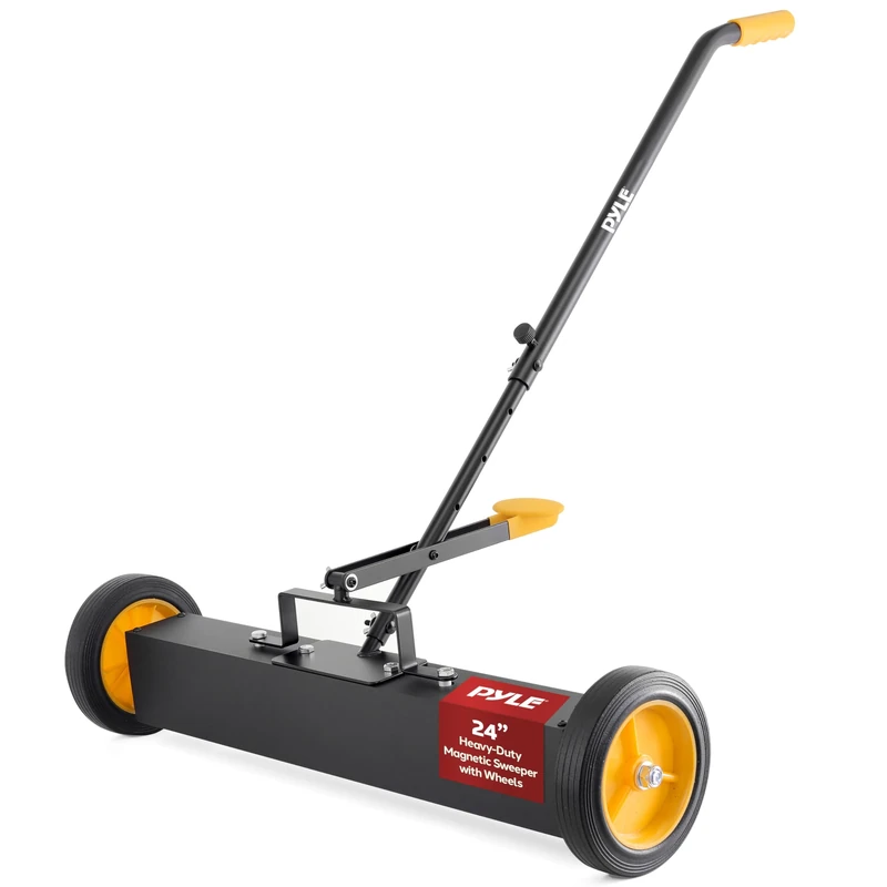 Pyle Magnetic Sweeper with Wheels 61cm, Rolling Paddle Broom Sweeper, Magnetic Sweepers with Adjustable Handle, Strong & Durable Construction, Heavy-Duty Metal Cleaning Pickup for Nails/Needles/Screws