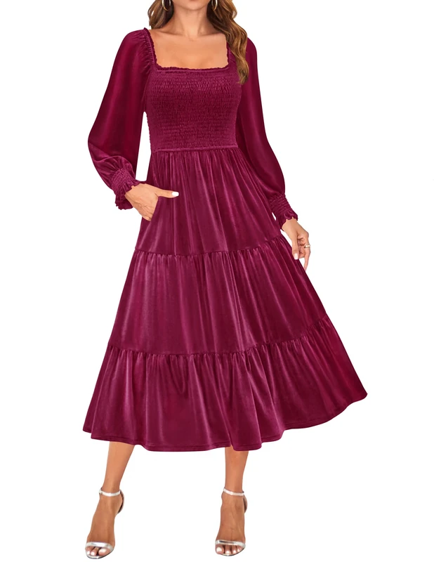 ZESICA Women’s Velvet Long Sleeve Dresses 2025 Spring Square Neck Smocked Ruffle A Line Flowy Midi Dress with Pockets, Burgundy, XL