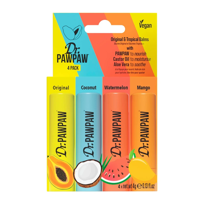Dr.PawPaw Original & Tropical Balms – Variety Pack with 4 Flavors: Coconut, Watermelon, Mango & Original – Multipurpose for Lips, Skin & More - 4x4g