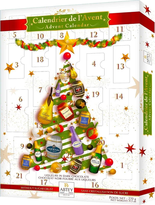 ABTEY EXCLUSIVE Dark Chocolate Liqueur Advent Calendar 2025 - Assortment of Marc de Champange, Label 5® Scotch Whiskey, Calvados Boulards®, Armagnac Janneau®, BAYET Cognac, Poire Williams - 270g