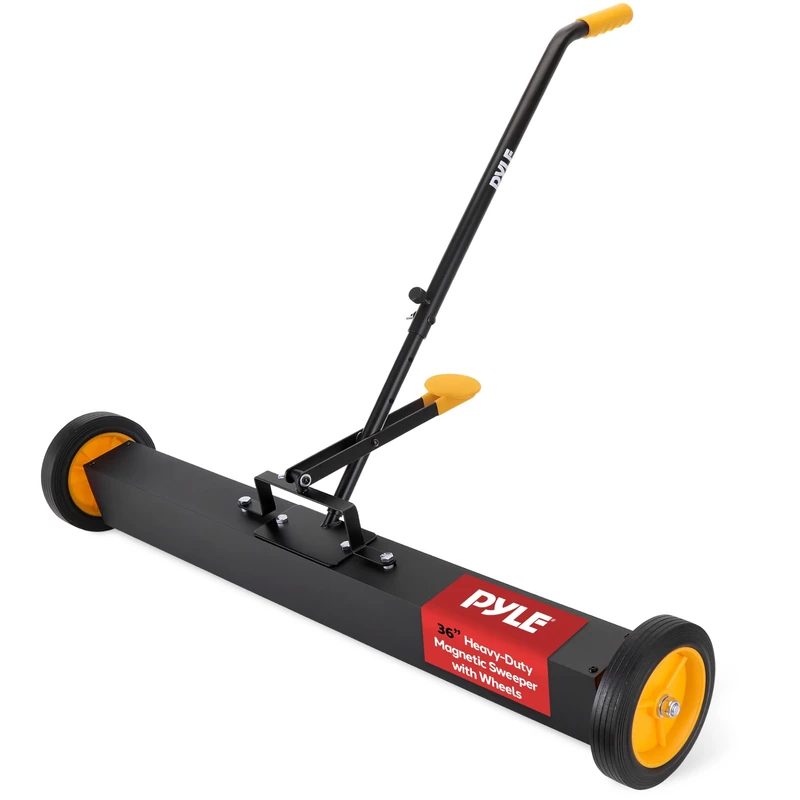 Pyle Magnetic Sweeper with Wheels 91cm, Rolling Paddle Broom Sweeper, Magnetic Sweepers with Adjustable Handle,Strong & Durable Construction, Heavy-Duty Metal Cleaning Pickup for Nails/Needles/Screws