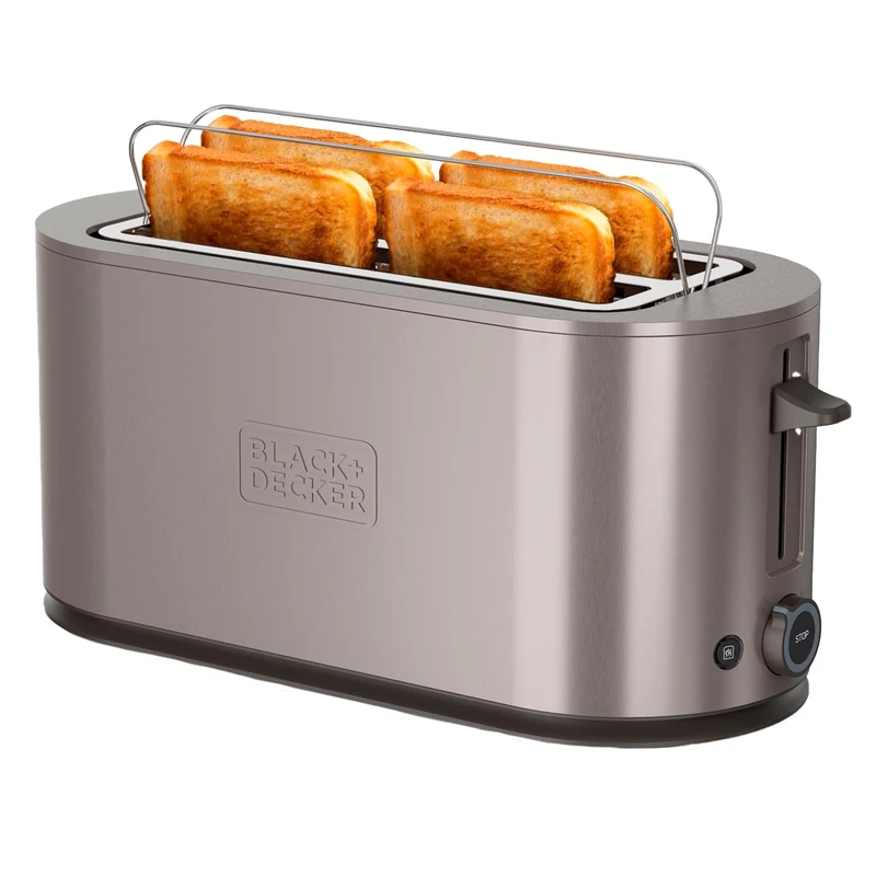 Black+Decker 1500W Extra Large Toaster | 260 x 42 mm Slots | 7 Levels of Toasting | 6 Incandescent Mica Strips | Defrost, Warm, and Cancel Functions | Folding Stand