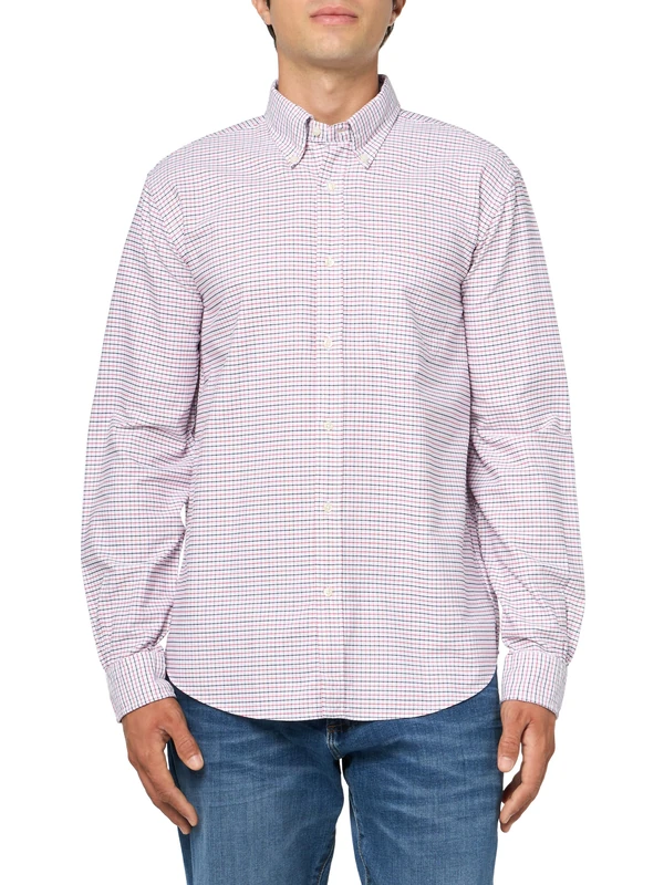 Brooks Brothers Men's Friday Oxford Long Sleeve Pattern Sport Shirt Sweater, White/Red Tattersall, XL