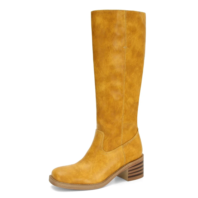 DOEYG Women's Banana Knee High Boots Square Toe Chunky Block Heel Tall Boots Wide Calf Fashion Comfortable Casual Pull on Long Boots, Yellow, 8 US