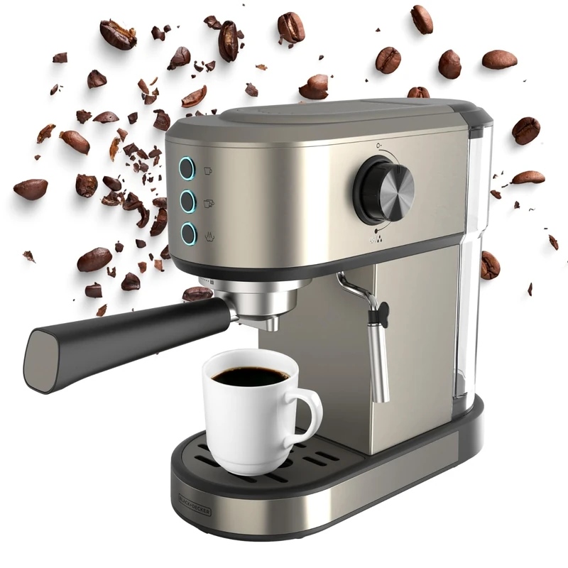 Black+Decker - BXCO1350E Espresso Machine | 1350W | 20 Bars | Thermoblock System | Filters 1 and 2 Cups | Adjustable Steam Nozzle | Removable Tank 1L | Cup Warmer Tray and Drip Catcher