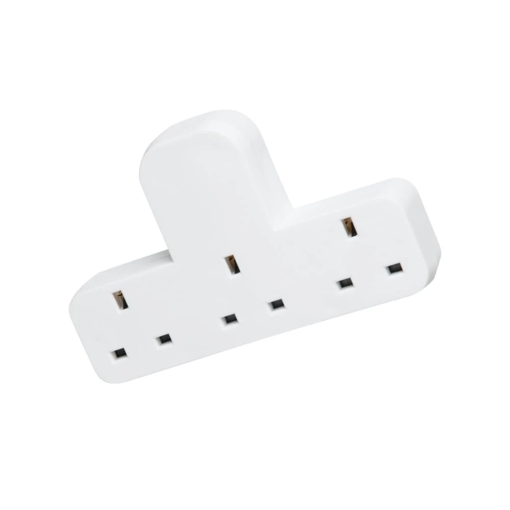 HUBIBUBI T-Shape Power Socket - 3-Pin British Plug with 3 Outlets, White, 3-Way Plug-in Socket Adapter 3 UK Switch Ideal for Home Kitchen and offices (3 Way Socket Adaptor, 3 PIN)