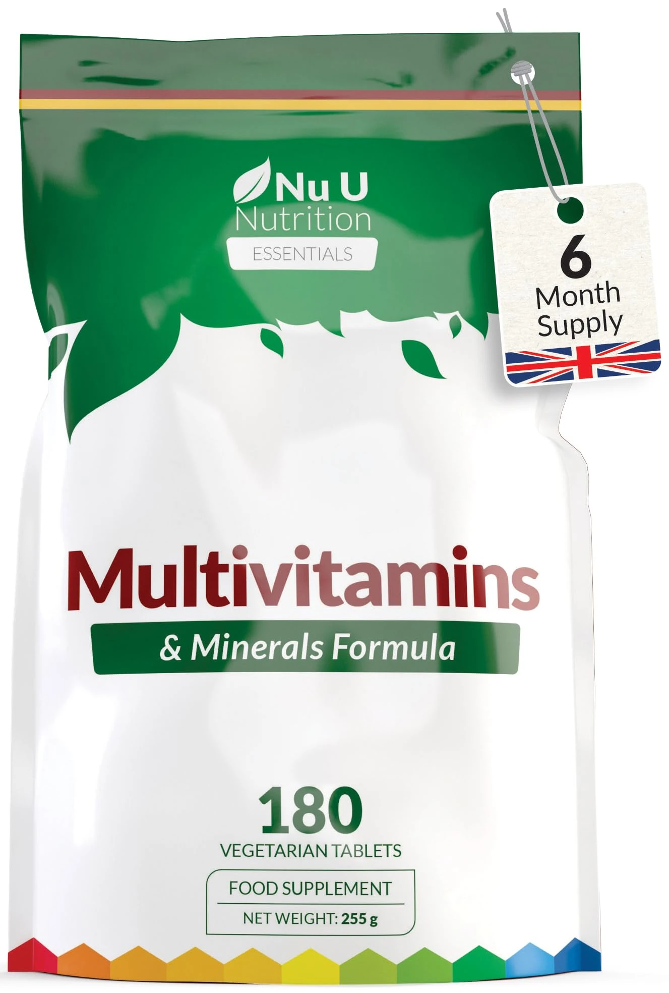 Multivitamin Tablets for Men & Women - 180 Tablets - 6 Month Supply - 25 A-Z Multivitamins & Minerals Including Iron, Zinc & Vitamin D - One a Day - Vegetarian - Made in The UK - Nu U Nutrition