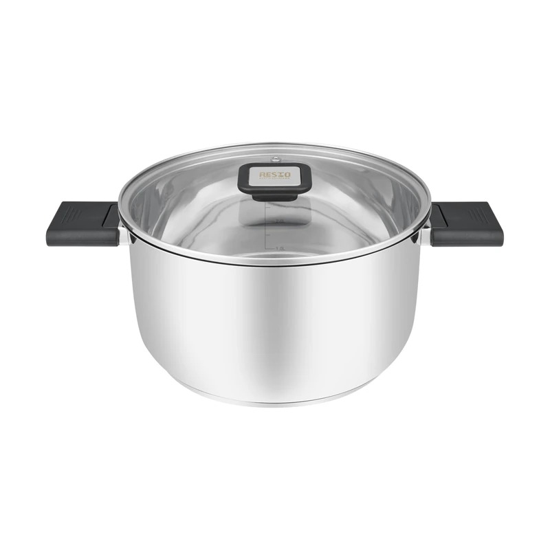 RESTO Stainless Steel 18/10 Cooking Pot Soup Pot Diameter 22 x 12.5 cm - Stewing Pot with Folding Handles - Induction - Pot with Heat-Resistant Glass Lid and Measuring Scale in Gift Box, 4.4 L