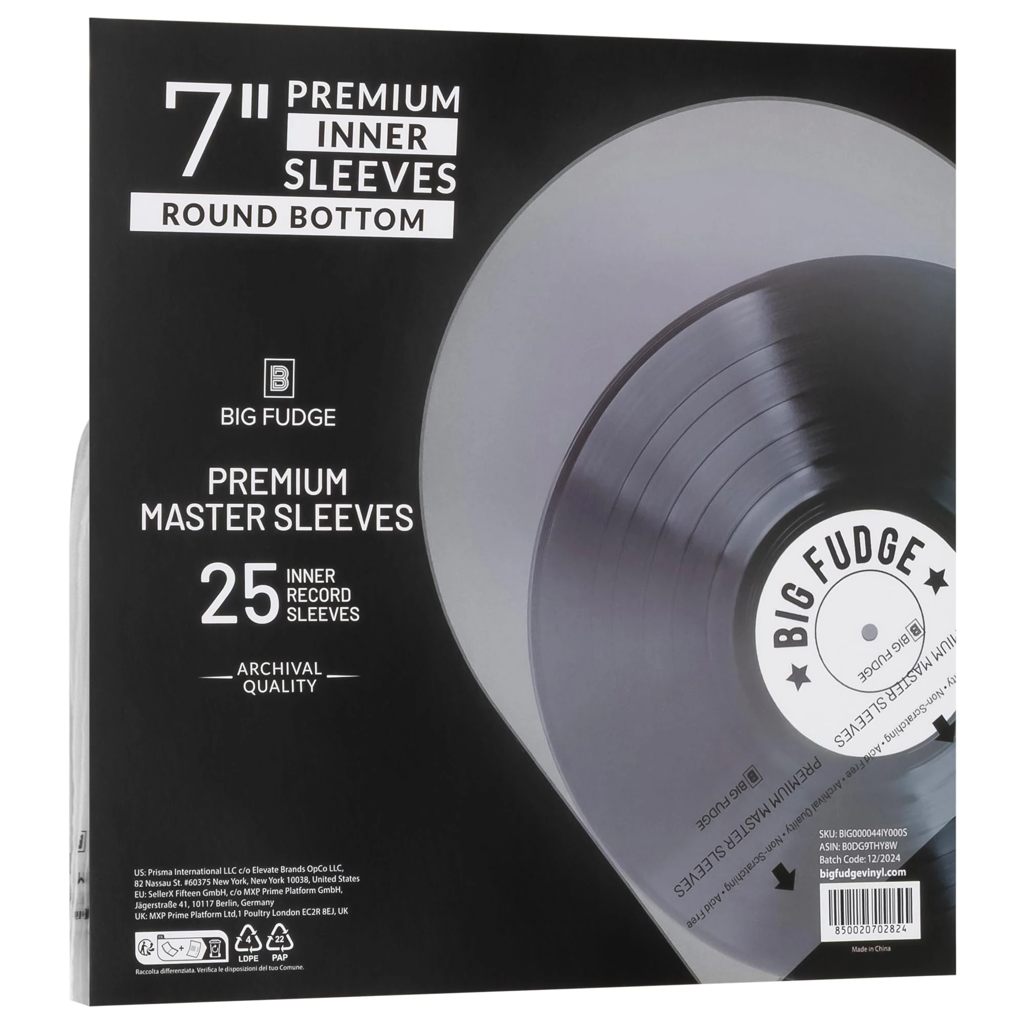 BIG FUDGE Premium 7-Inch Round Bottom Inner Vinyl Sleeves - Anti Static Rice Paper for Dust-Free Records - Covers for Record Storage & Vinyl Accessories - 25pcs Pack