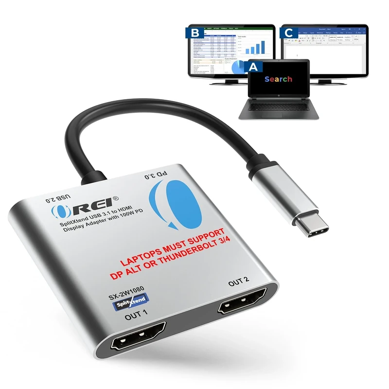 OREI SplitExtend HDMI Splitter Extended Display for Windows Only Dual Monitor - Multi-Monitor Display 3 Separate Screens - USB-C Adapter to HDMI 2.0, 4K@30Hz Outputs - 100W PD and USB 2.0 Input