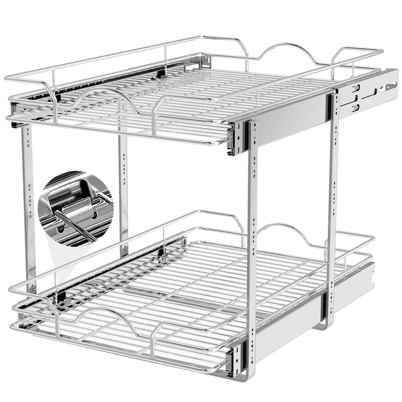 OCG 2 Tier Pull Out Cabinet Organizer (14" W x 21" D), Pull Out Drawers for Kitchen Cabinets, Pull Out Shelves for Base Cabinet Organization in Kitchen Bathroom Pantry, Chrome Finish