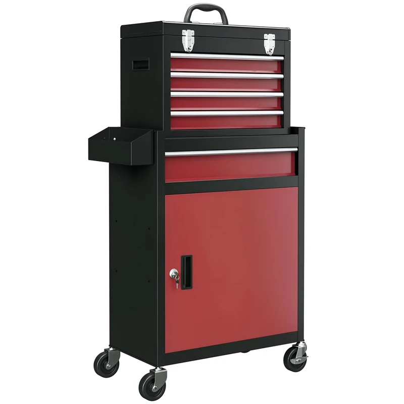 HOMCOM Rolling Tool Chest with 5 Drawers and Lockable Cabinet, Portable Top Tool Chest and Roller Cabinet Combo for Workshop and Home, Red