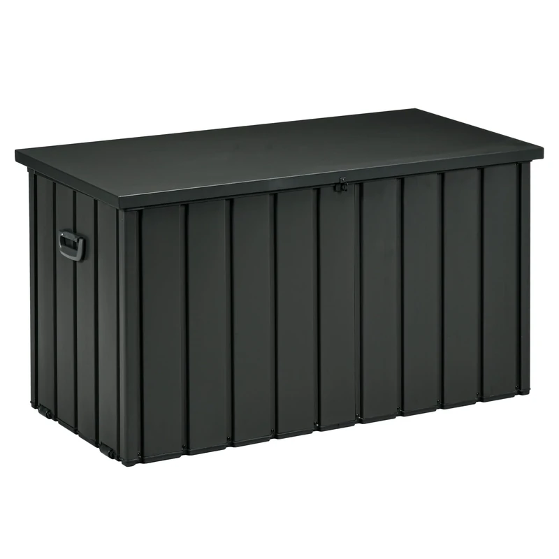 Outsunny 450 Litre Garden Storage Box, Outdoor Storage Box with Wheels and Handles, Lockable Galvanised Steel Outside Deck Box Organiser for Tools, Cushions, Dark Grey