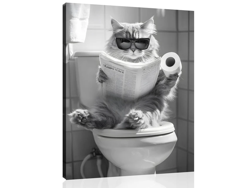 OWNANRTHM Cat Bathroom Canvas Wall Art Funny Animal Bathroom Wall Art Cat on the Toilet Painting Black and White Animal Toilet Pictures for Bath Restroom Wall Decor Framed 24x30 inch