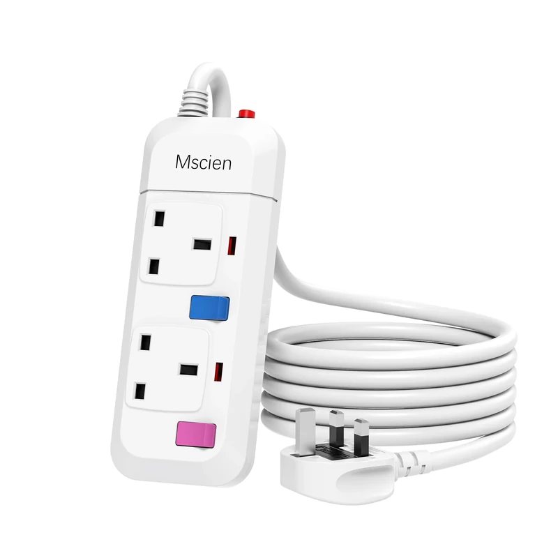 Mscien 5M Extension Lead 2 Way Plug Sockets with Individual Switches Overload Protected Power Strip Wall Mountable 5 Metre Long Extension Cable