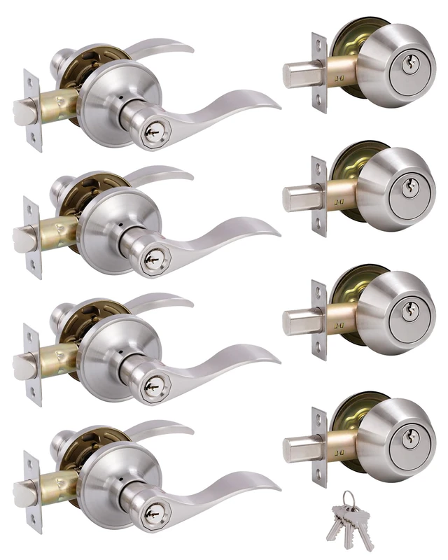 GITRANG （4 Pack） Keyed Alike Front Door Lever Lockset with Single Cylinder Deadbolt Combination Set， Wave Style Lever, Front Door/Exterior Door Knob with Lock and Deadbolt， Satin Nickel Finished