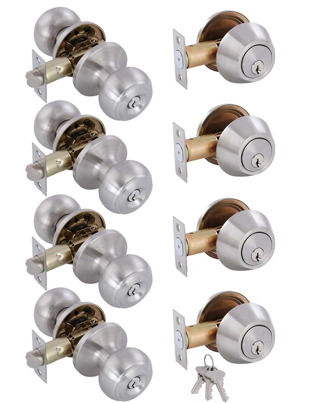 GITRANG (4 Pack) All Keyed Identical Deadbolt Door knob Single Cylinder Deadbolt Lock Combo Set, Classic Satin Nickel Exterior Door Knobs with Deadbolt Entrance and Front Door Lock