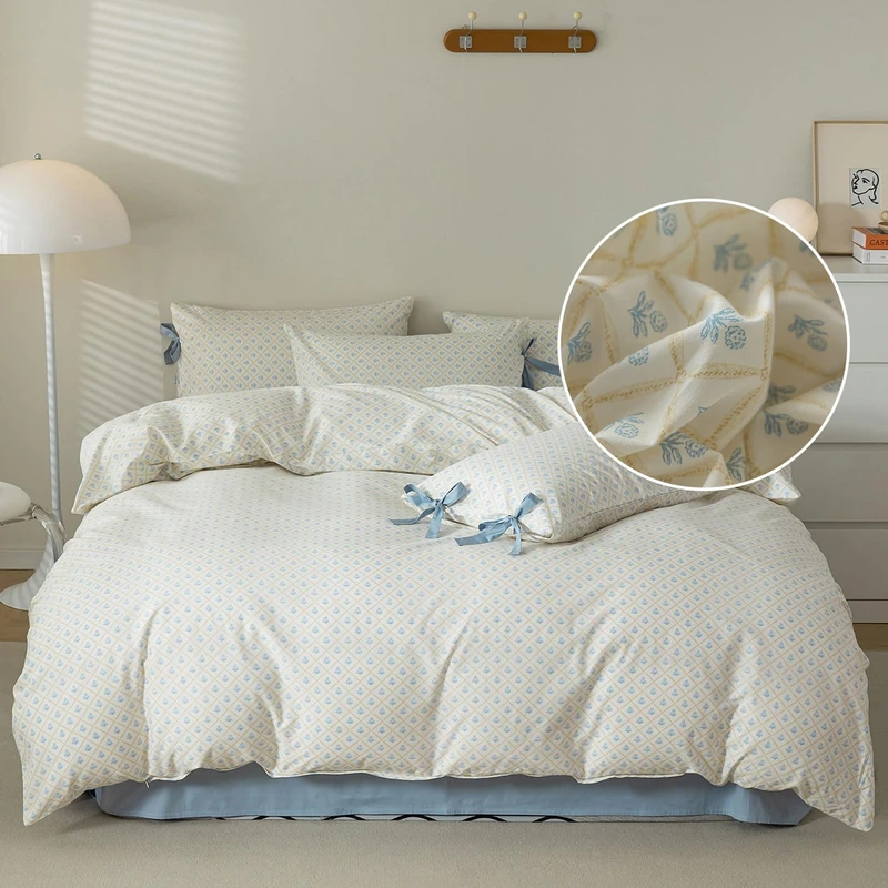 Blue Floral Duvet Cover Full Soft Cotton Garden Style Floral Bedding Comforter Cover Plaid Grid Design Vintage Blue Flower Duvet Cover with 2 Bowknot Pillowcases Botanical Cottagecore Bedding Set Full