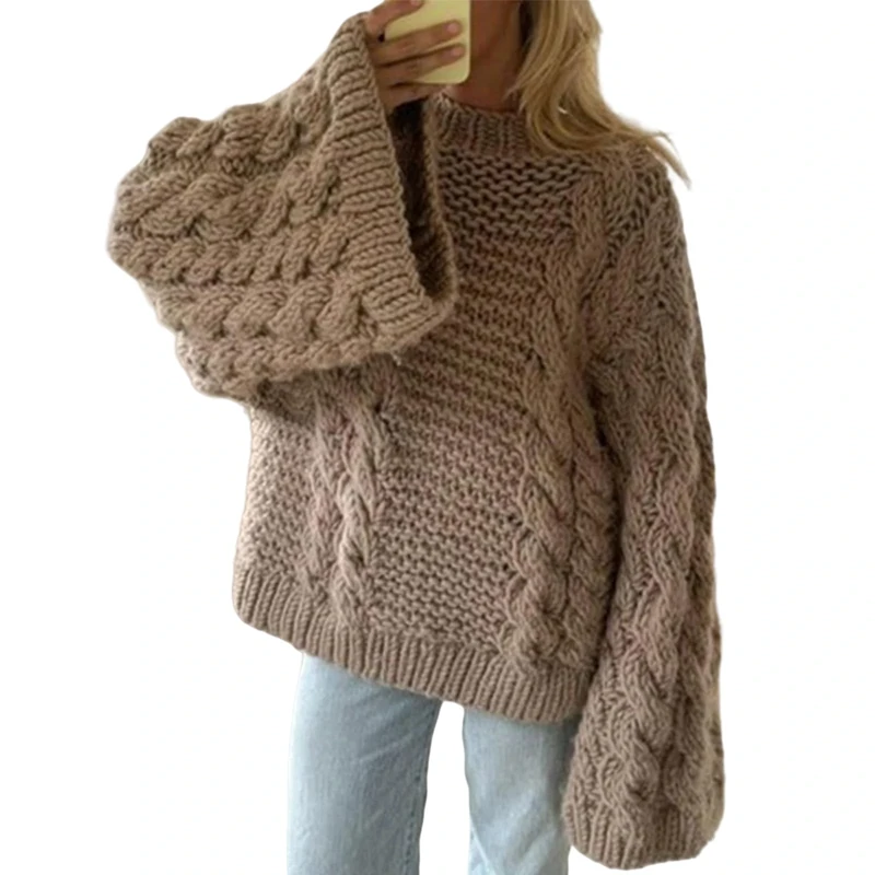 Unybwonn Women Oversized Chunky Cable Knit Sweater Loose Long Sleeves Crewneck Pullover Sweaters Slouchy Y2k Knit Tops, Brown, L