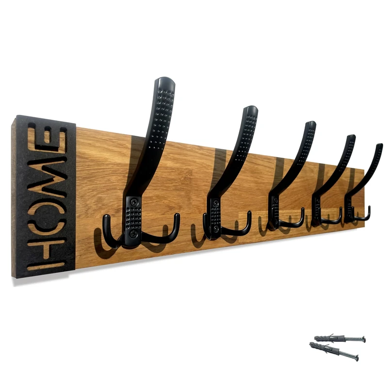 FLEXISTYLE Modern Oak Wall Coat Rack Wood Oak Design Slats Panels Black Modern Natural 3 Dimensions (Oak, 60 cm) - Image 1