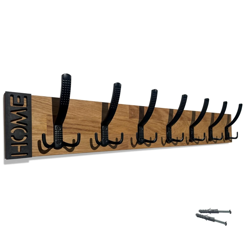FLEXISTYLE Modern Oak Wall Coat Rack Wood Oak Design Slats Panels Black Modern Natural 3 Dimensions (Oak, 80 cm)