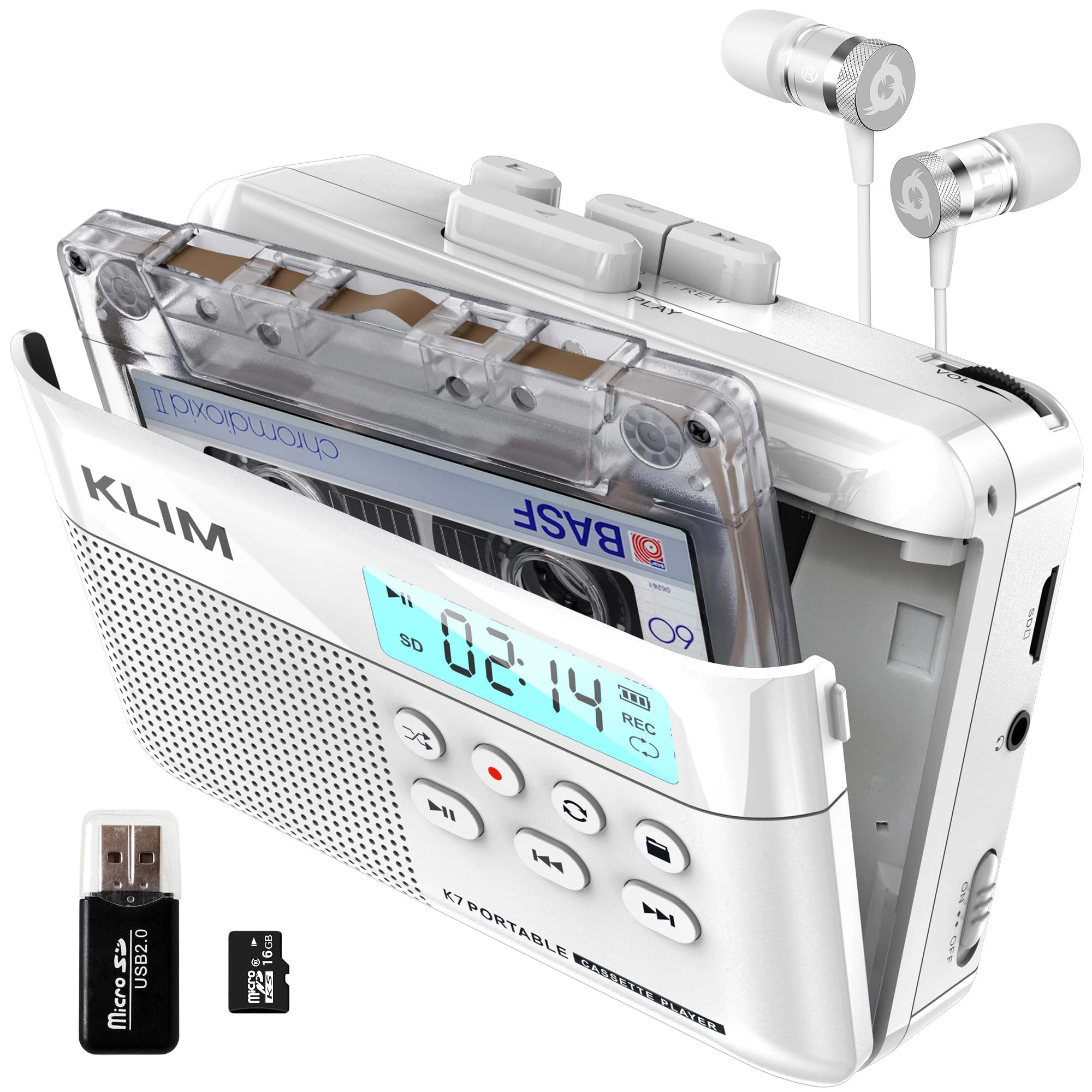 KLIM K7 Cassette Tape Player - Cassette to MP3 Converter - Portable Player - Tape Recorder with Built-in Microphone & Speaker - Rechargeable Battery - Earphones - 16GB SD Card - White