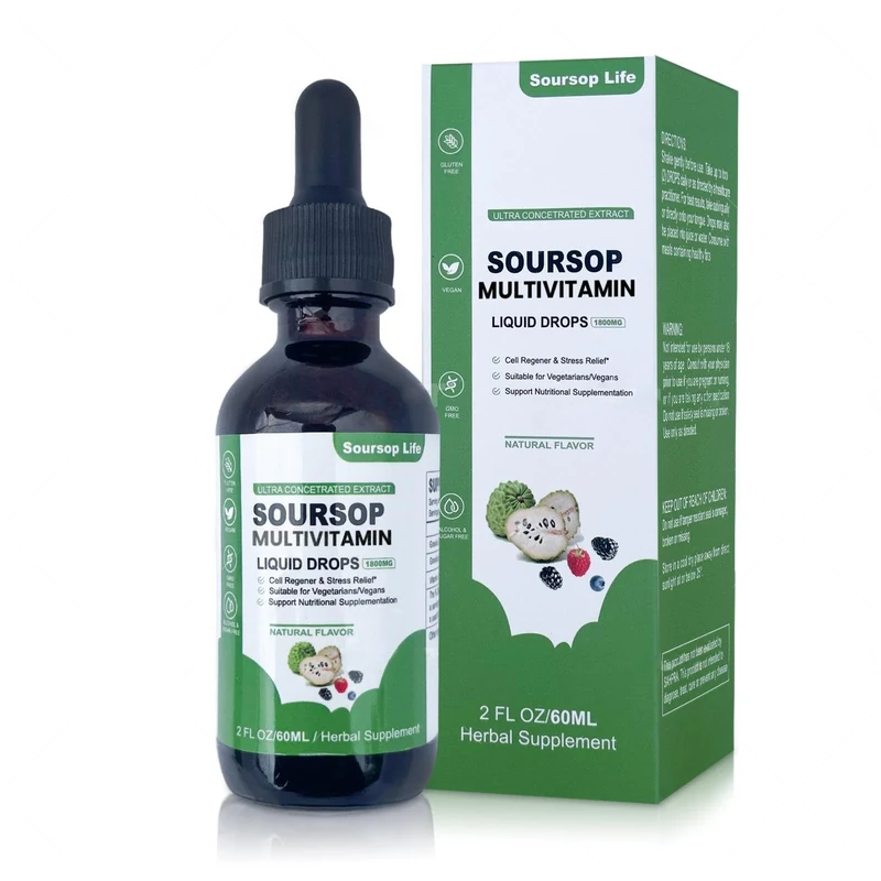 Soursop multivitamin Drop Natural Energy Booster, Immune Support, Vegan,Gluten Free,Non-GMO Vitamin B6,C,D, 60ml