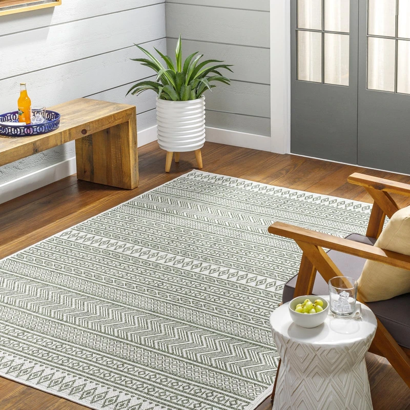 Livabliss Geometric Outdoor Rug - Indoor Outdoor Rug Large, Motril 130x180 cm - Patio Rugs, Decking, Outdoor Carpet - Boho Colourful Garden Rugs, Patterned, UV Weather, Stain Durable, Green, Ivory Rug