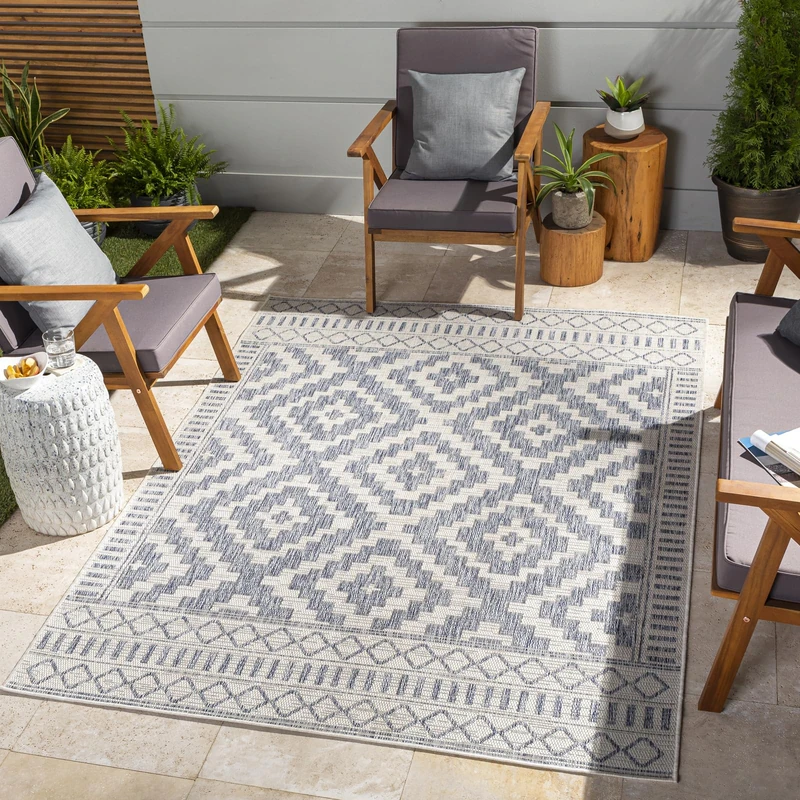 Livabliss Tricia Salema Indoor Outdoor Carpet 120x170 cm, Living Room, Dining & Kitchen, Waterproof, Stain Resistant, Durable Boho Style, Cream Dark Blue