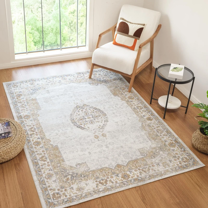 Livabliss Albany Machine Washable Rug - Vintage Area Rugs Living Room, Large Rug 200x275 cm - Traditional Boho Style, Dining Room, Kitchen, Outdoor, Hallway - Cream, Brown, Grey