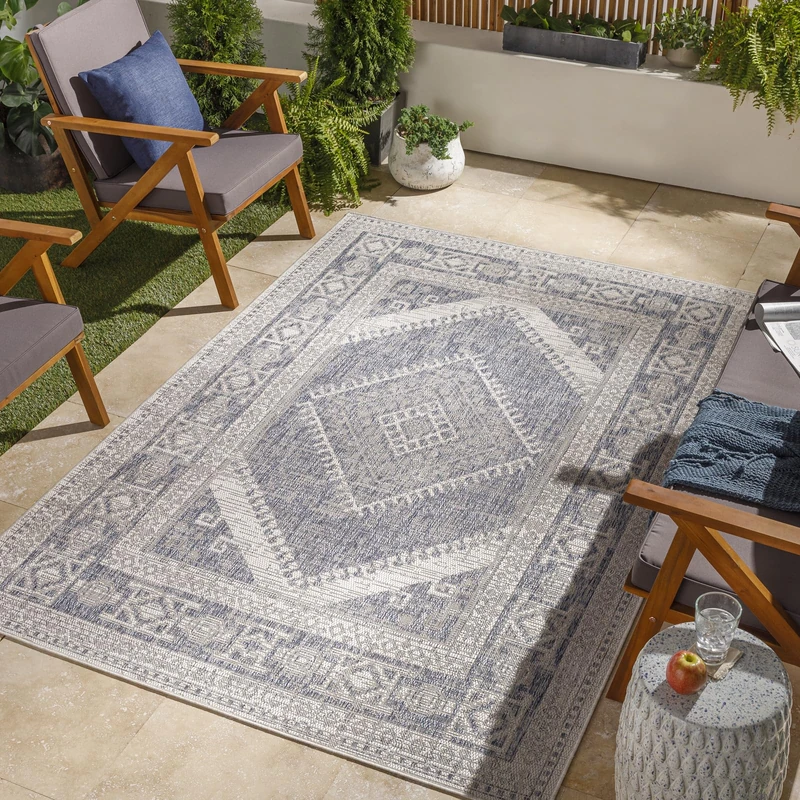 Livabliss Karba Indoor Outdoor Rug - Large Boho Rugs for Living Room 120x170 cm Dining, Kitchen Carpet, Patterned Neutral and Coloured Rugs, Waterproof, Stain Durable - Cream, Taupe, Blue