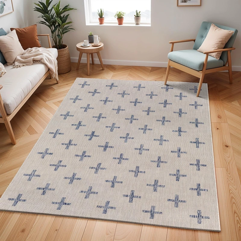 Livabliss Gavina Sannat Indoor Outdoor Carpet 120x170 cm, Living Room, Dining & Kitchen, Waterproof, Stain Resistant, Durable Boho Style, Cream Dark Blue - Image 1