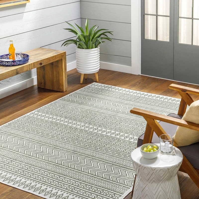 Livabliss Geometric Outdoor Rug - Indoor Outdoor Rug Large, Motril 160x230 cm - Patio Rugs, Decking, Outdoor Carpet - Boho Colourful Garden Rugs, Patterned, UV Weather, Stain Durable, Green, Ivory Rug