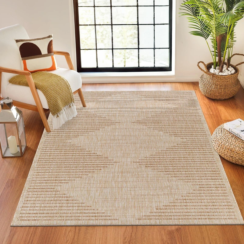 Livabliss Kercem Indoor Outdoor Rug - Large Boho Rugs for Living Room 120x170 cm Dining, Kitchen Carpet, Patterned Neutral and Coloured Rugs, Waterproof, Stain Durable - Tan, Cream, Beige
