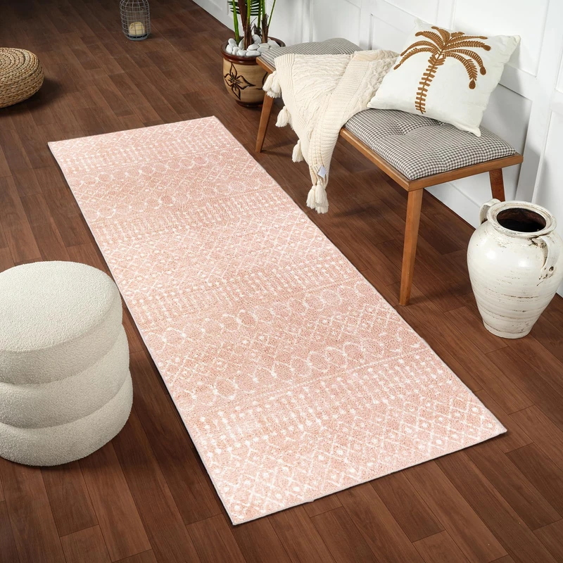 Livabliss Brasov Shaggy Rug - Modern Runner Rugs Living Room, Hallway 80x220 cm, Soft Shaggy Rugs for Bedroom - Neutral Boho Fluffy Rug, Easy Care Plush Thick Pile - Pink and Cream