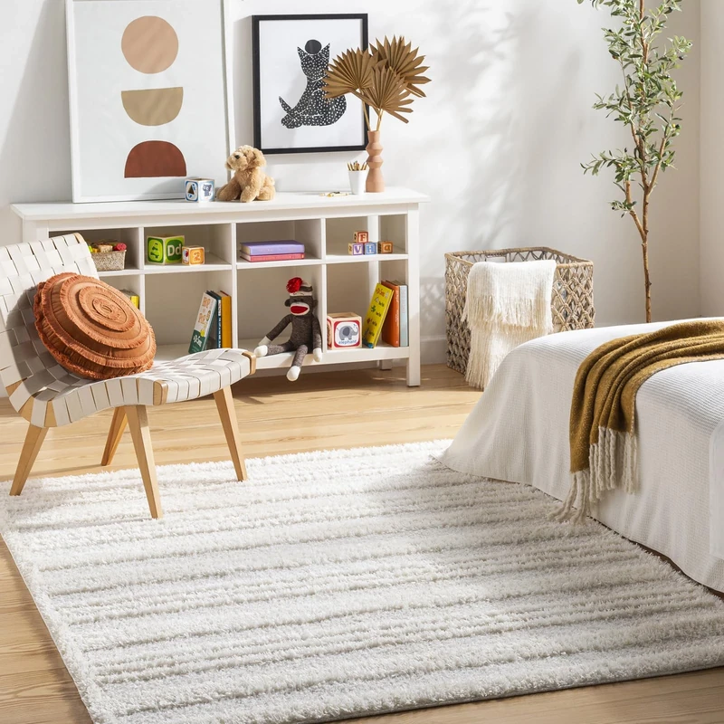 Livabliss Nemiz Shaggy Rug - Modern Berber Rugs Living Room, Large 160x213 cm, Soft Shaggy Rugs for Bedroom - Neutral Boho Fluffy Rug, Easy Care Plush Thick Pile - Beige and White