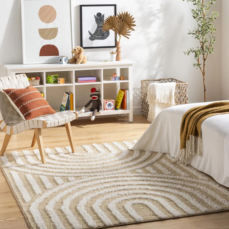 Livabliss Chauny Shaggy - Modern Berber Living Room, Large 200x275 cm, Soft Shaggy for Bedroom - Neutral Boho Fluffy, Easy Care Plush Thick Pile - Mustard and White