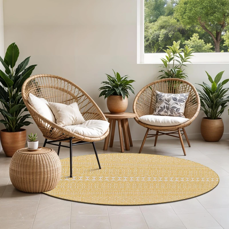 Livabliss Geometric Outdoor Rug - Indoor Outdoor Rug Large, Motril 160 cm Round - Patio Rugs, Decking, Outdoor Carpet - Boho Colourful Garden Rugs, Patterned, UV Weather, Stain Durable, Mustard, Ivory