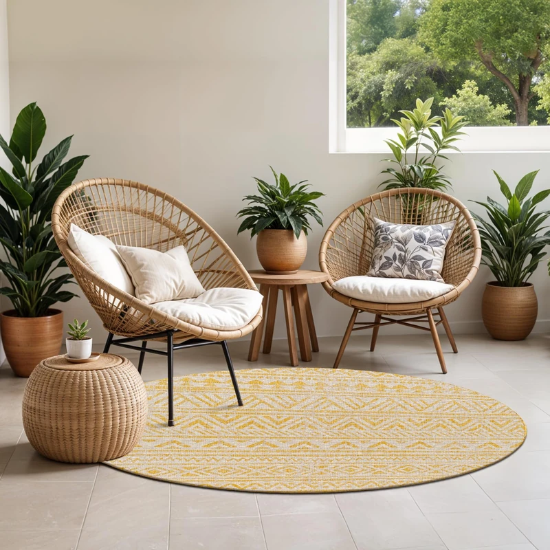 LIVABLISS Alora Indoor Outdoor Rug – Boho Area Rug for Living Room, Dining & Kitchen, 160x230 cm, Patterned Neutral Design, Water-Resistant, Easy-Care Pile, Mustard and Ivory