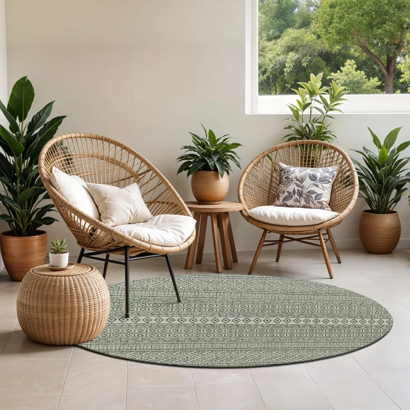 Livabliss Geometric Outdoor Rug - Indoor Outdoor Rug Large, Motril 160 cm Round - Patio Rugs, Decking, Outdoor Carpet - Boho Colourful Garden Rugs, Patterned, UV Weather, Stain Durable, Green, Ivory