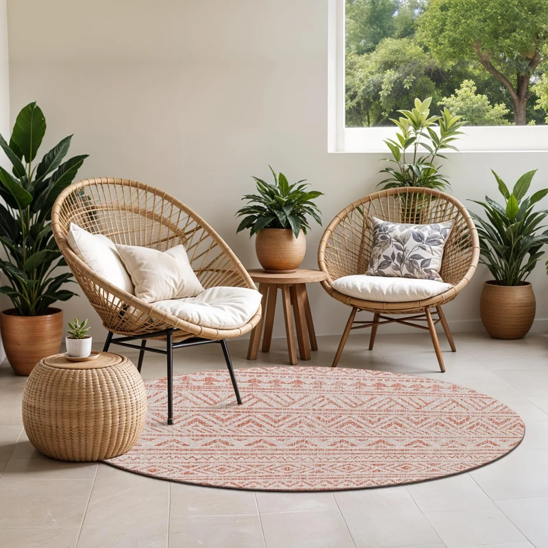 LIVABLISS Alora Geometric Indoor Outdoor Rug – Boho Round Rug for Garden, Patio & Decking, 160 cm, Patterned Design, UV & Stain Resistant, Coral and Ivory