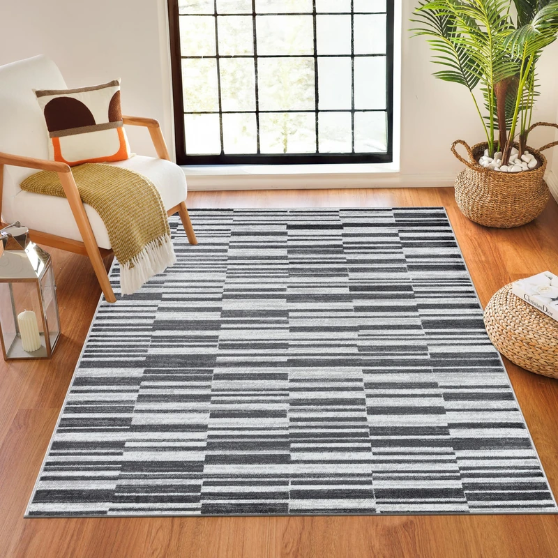 Livabliss Montece Geometric Rug - Scandi Area Rugs Living Room 200x275 cm, Dining, Kitchen - Neutral, Abstract Patterned Rugs, Boho Style, Easy Care Pile - Large Rug, Black Grey, White