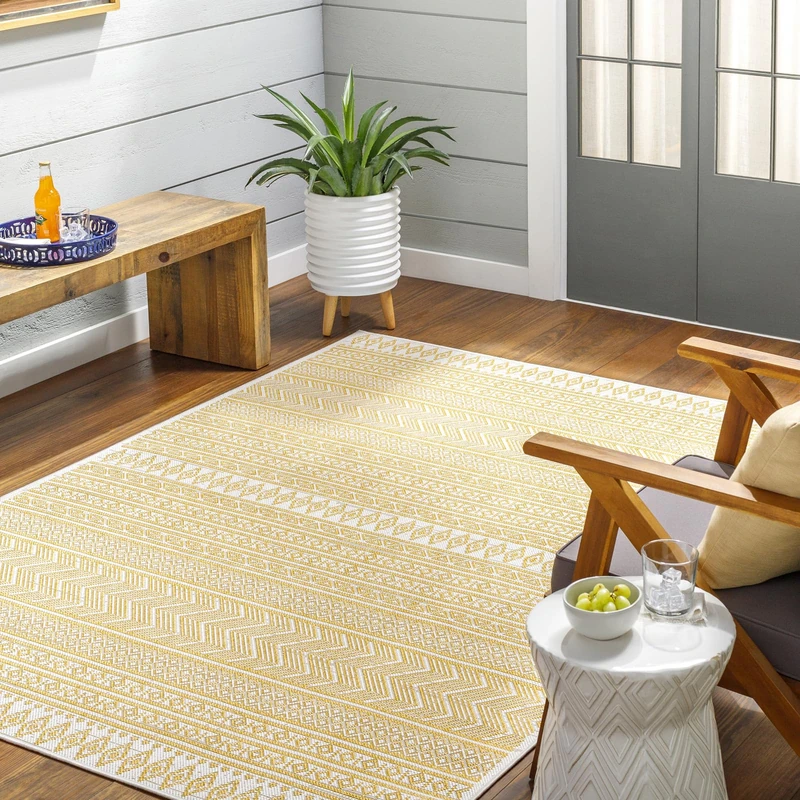 Livabliss Geometric Outdoor Rug - Indoor Outdoor Rug Large, Motril 130x180 cm - Patio Rugs, Decking, Outdoor Carpet - Boho Colourful Garden Rugs, Patterned, UV Weather, Stain Durable, Mustard, Ivory