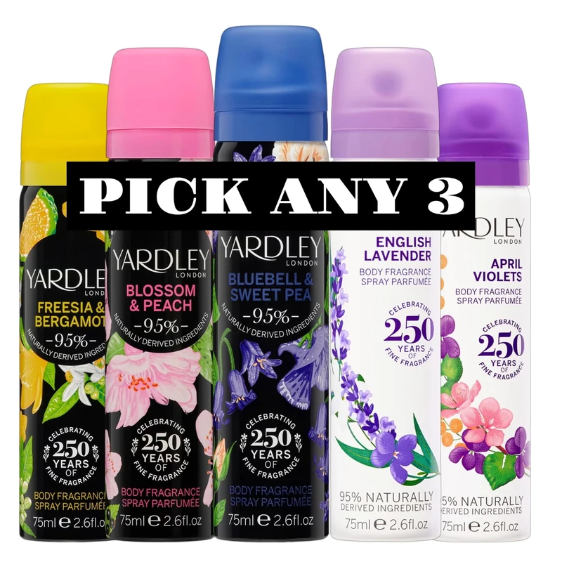 Yardley London Body Fragrance Spray 75ml | Mix & Match Any 3 Scents | Choose from English Lavender, Blossom & Peach, Bluebell & Sweet Pea, Freesia & Bergamot, April Violets | 3 x 75ml