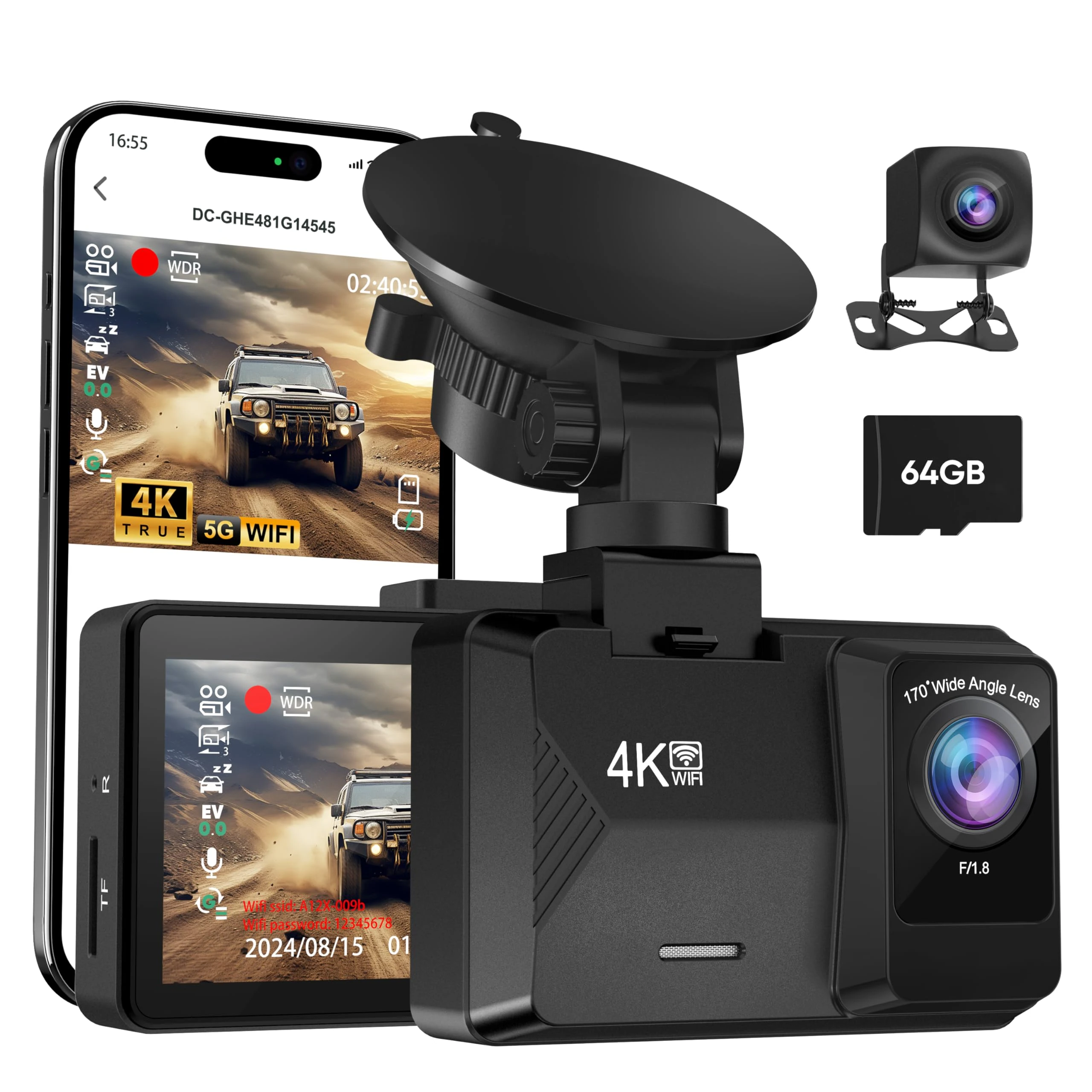 ORSKEY Dash Cam Front and Rear Built-in 5GHz WiFi, 4K+1080P Dual Dash Camera for Cars with 64GB SD Card, 2.0" Display Dashcam, 24H Parking Mode, App Control, Super Night Vision, Support Max 256GB