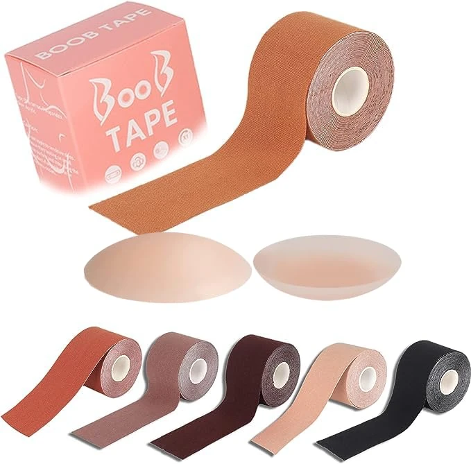SELLY Boob Tape, Bob Tape for Large Breasts, Self-Adhesive Strapless Boobtapes with 2 Pcs Nipple Covers, 5M Stretchable Longer Than Regular Roll, Perfect to Stick on Bra (Brown)