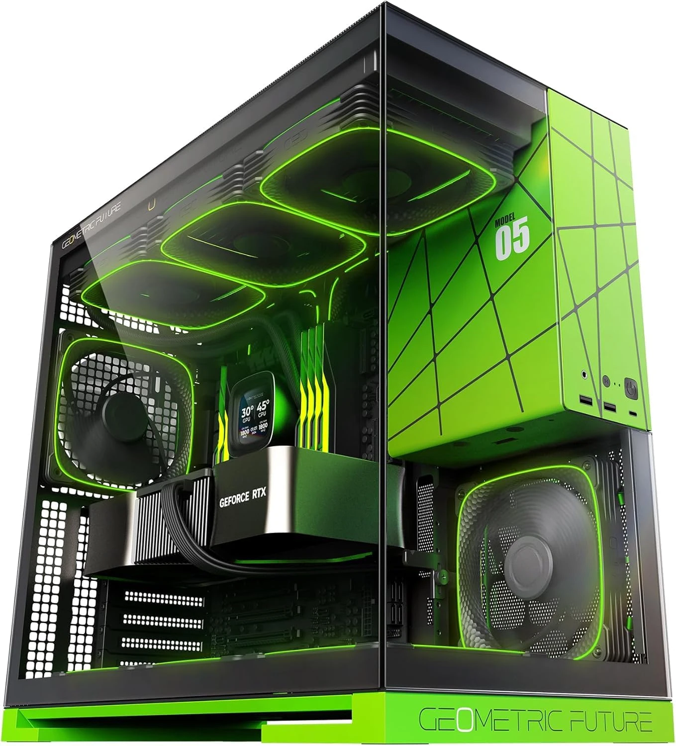 Geometric Future M5 Tempered Glass Mid Tower, E-ATX/ATX Gaming Case, 1.2mm Steel, Type C, Toolless Panels, Support 420/360 Radiator, ARGB PWM 140m fan x 5 Pre-Installed, Black/Green, GEO-M5F-BNY