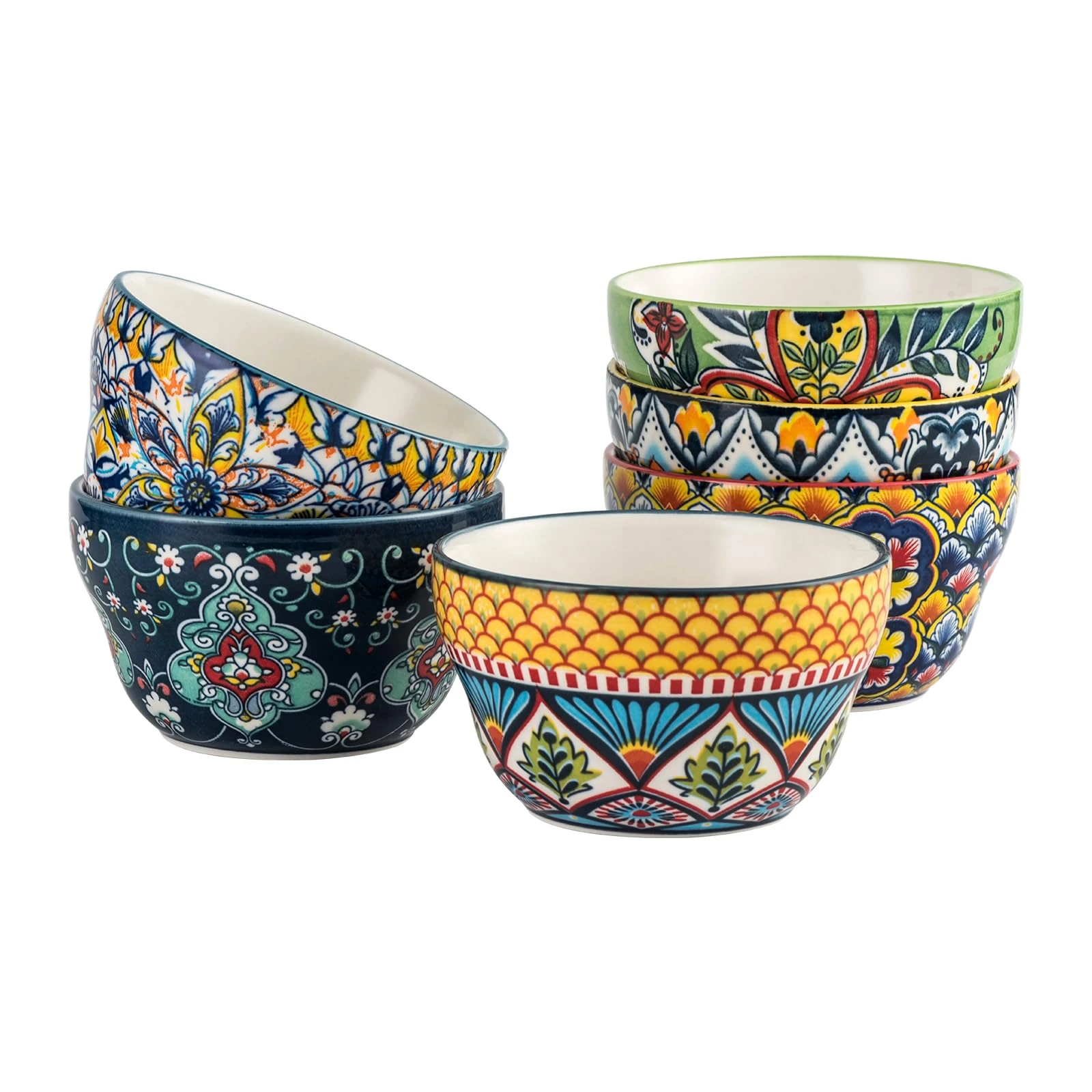 HENXFEN LEAD Porcelain Bouillon Cups, Set of 6 Small Dessert Bowls 7oz, Snack Bowls in Colourful for Soup Dipping Sauce - Bohemian Style